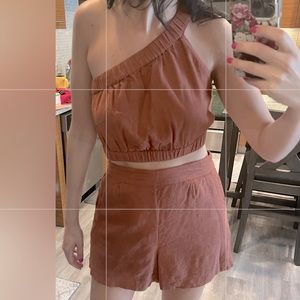 🤎 NWT Abercrombie brown linen shorts asymmetrical top set small medium